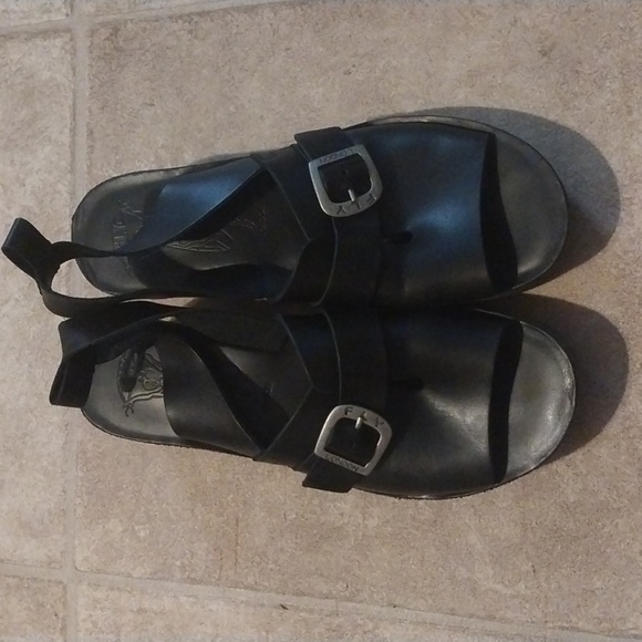 FLY London Women Black Leather Platform Ankle Strap Sandals US 9.5/40 - Picture 1 of 10